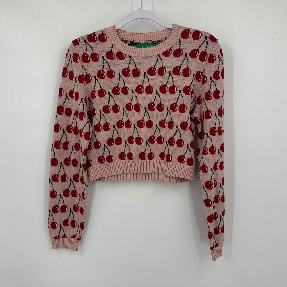 United Colors of Benetton Women Whimsical Cherry Print Cropped Sweater Sz M Pink